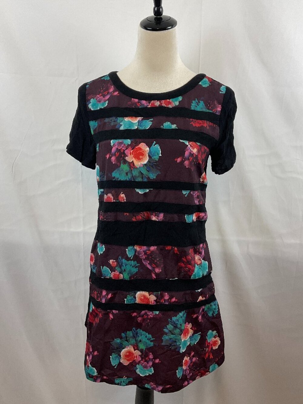 Lovers & Friends Sheath Dress S Black Purple Teal Pink Floral Striping